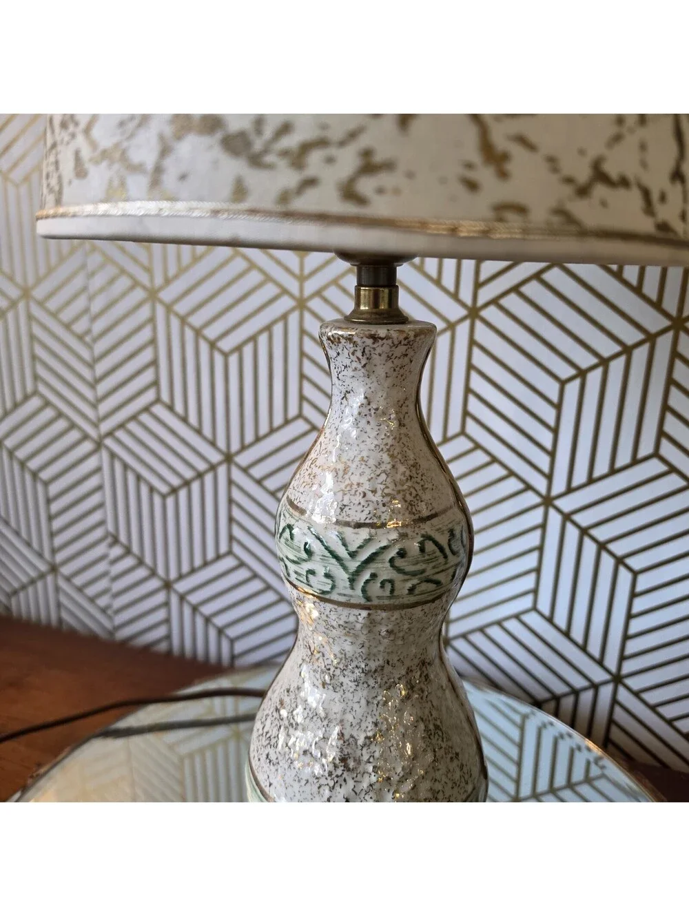 Vintage Midcentury White Green Gold Ceramic Accent Lamp Atomic Fiberglass Shade